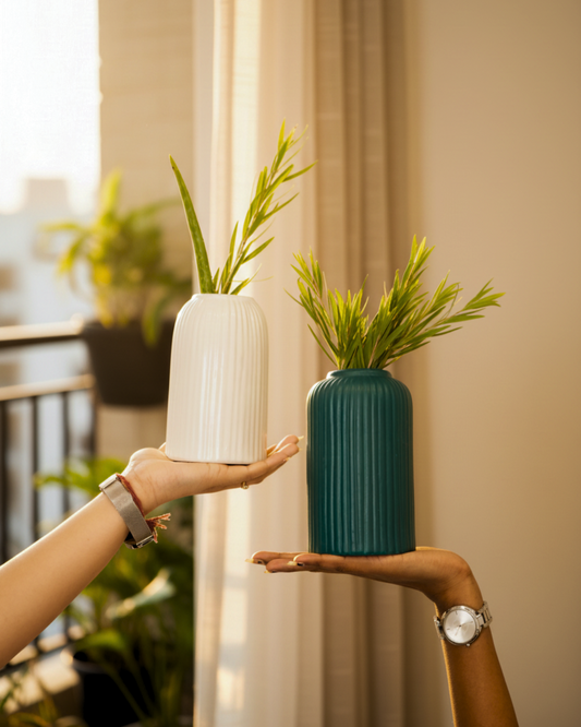 Green Ribbed Ceramic Pot