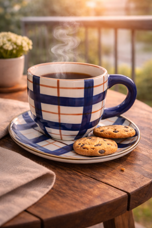 Blue Checks Cup And Saucer Set