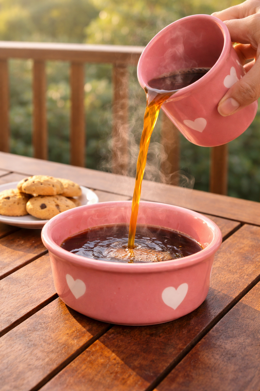 Pink Heart Ceramic Glass and Bowl Coffee Set