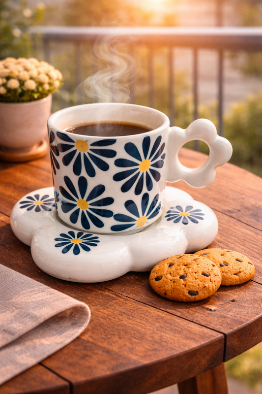 Green Flower Ceramic Cup and Saucer Set
