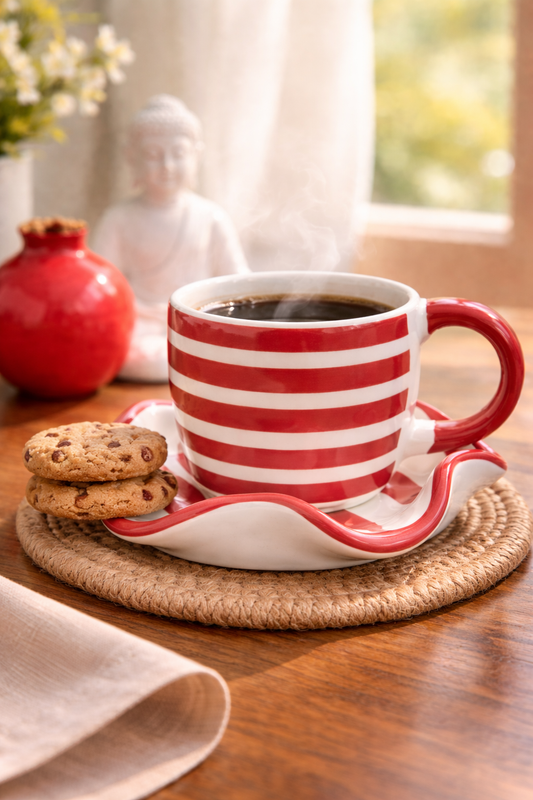 Red Striped Coffee Cup and Coaster Set
